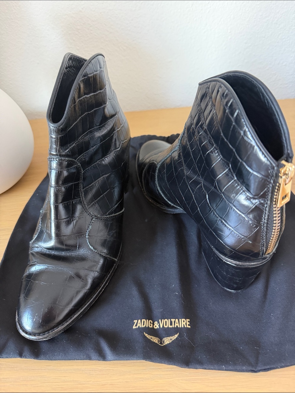 Zadig & Voltaire Black Croc-Embossed Ankle Boots with Gold Zipper